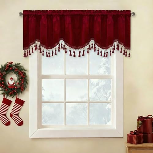 StangH Red Tassel Christmas Velvet Valances Curtains 52x18 Inch 2 Panels
