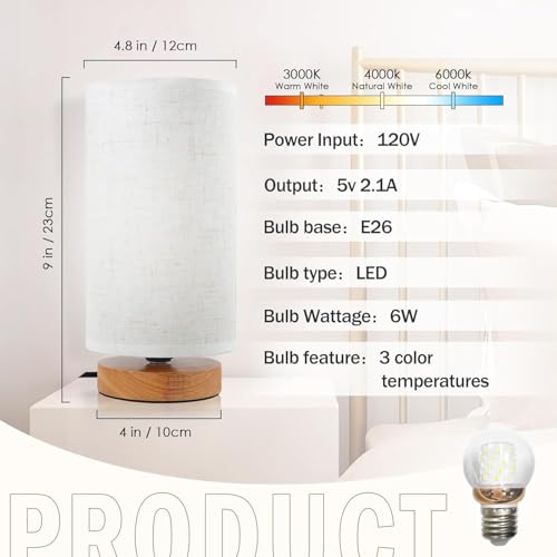 Image of 3-Color Adjustable Bedside Table Lamp for Bedroom Set of 2,Minimalist Wood Base&Round Fabric Shade,Cozy Lighting Nightstand Boho Lamp,Reading Desk Night Stand Light for Room,Office,kitchen,Nursery