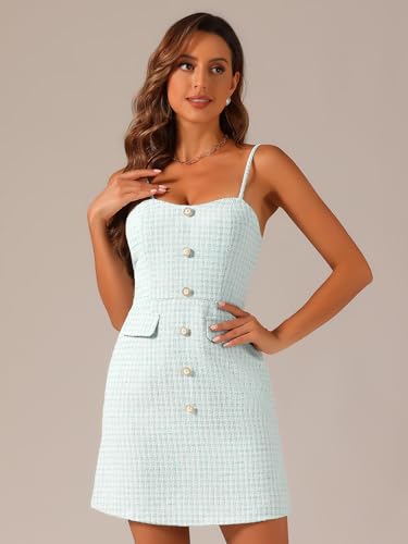 Image of Allegra K Plaid Dress for Women's Button Decor Spaghetti Strap Tweed Dresses
