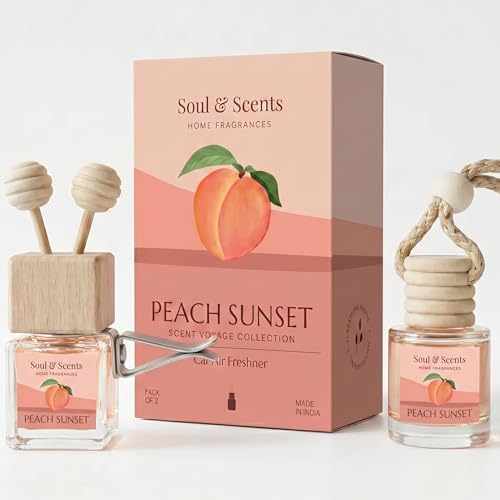 Image of Soul & Scents 16ml Luxury Car Perfumes Sweet Peach | Peach Sunset | 2-in-1 Hanging Pod & AC Vent Air Freshener | Premium Wooden Car Fragrance Accessory | Long Lasting Odour Eliminator | Pack of 2