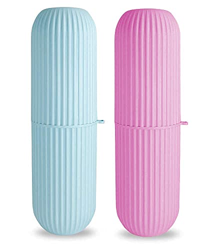 KBS Capsule Shape Travel Toothbrush Case Cover Holder Portable Toothbrush Storage Box Container Plastic Toothbrush Holder Bathroom Organizer Accessories Set(Pink-Blue-2)
