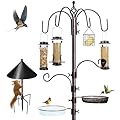YINGYM 6-Hook Bird Feeding Station Kit Wild Bird Feeder Stand Pole, Multi-Feeder Hanging Kit Stand with Water Bowl, Mesh Tray and Squirrel Guard Baffle, 94 Inch