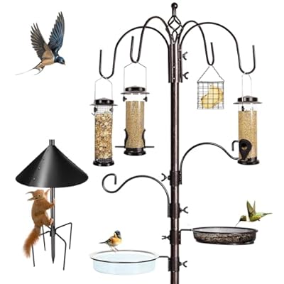 YINGYM 6-Hook Bird Feeding Station Kit Wild Bird Feeder Stand Pole, Multi-Feeder Hanging Kit Stand with Water Bowl, Mesh Tray and Squirrel Guard Baffle, 94 Inch