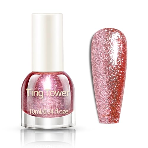 Pink Glitter Nail Polish - Sparkly Pink Nail Varnish - 10mL Quick Dry Nail Polish - High Glossy Shimmer Nail Varnish For Women - No Need Cure 7 Days Lasting