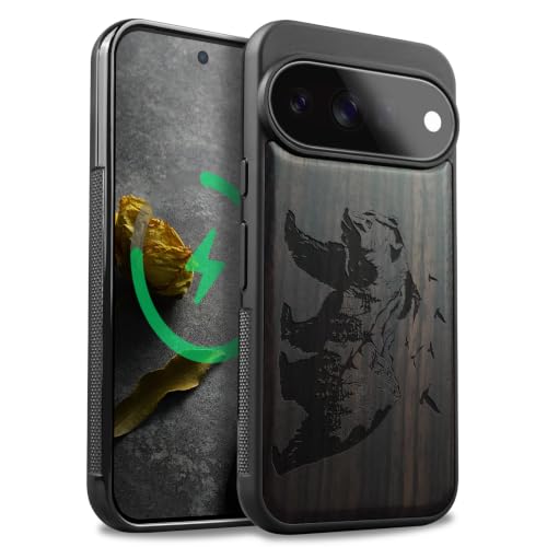 Coque Pixel 11 Pro en bois gravé ours Carveit étui chic antichoc
