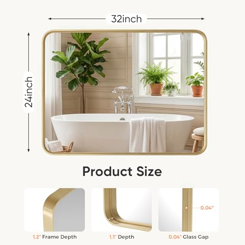 Image of Sweetcrispy Bathroom Wall Mirror, 32x24 Inch Wall Mount Mirror for Over Sink, Modern Rounded Rectangle Vanity Mirrors with Matte Metal Framed, for Home Decor, Living Room, Bedroom, Gold