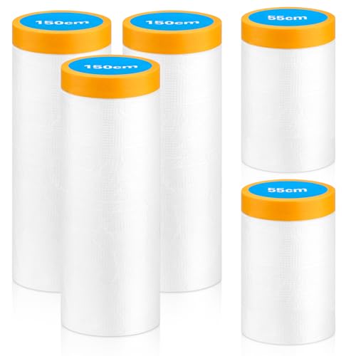 Orchideeknc 5 Rollen Abdeckfolie mit Klebeband, 100 Meter Malerfolie, Abdeckfolie, Folie mit Klebeband, Klebeband mit Folie für Möbelschutz, Bodenschutz (3 Rollen 150cm x 20m + 2 Rollen 55cm x 20m)