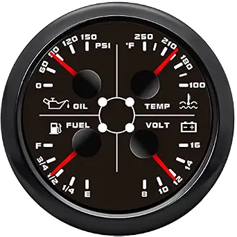ARTILAURA 4-in-1 Automotive and Marine Multifunction Gauge - Oil Pressure, Water Temp, Fuel Level, Voltmeter (Black, 85mm)