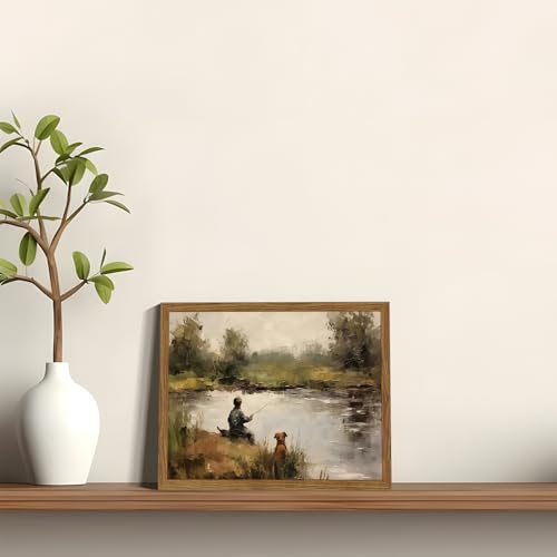 Image of Vintage Wall Art, Boy Fishing Wall Decor Paintings, Dog and Boy Landscape Canvas Prints Vintage Country Farmhouse Artwork for Bedroom Living Room 10x8 inch Wood Framed