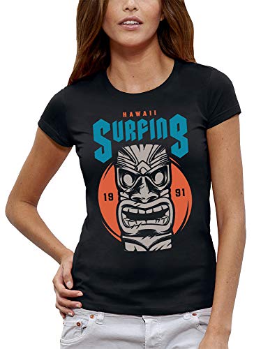 T-Shirt Surf Femme Tiki Polynésie Hawaï Coton Col Rond