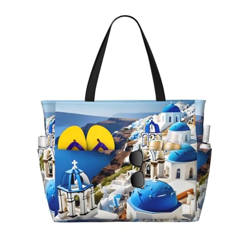 Greek Island Sea View Print Beach Tote Bag Large Travel Bag With Zipper And Pockets Lightweight Gym Bag
