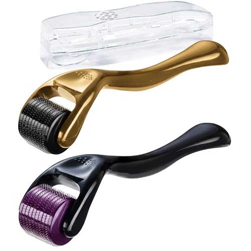 Derma Roller Microneedle Roller for Face 0.5mm, 540 Titanium Micro Needling Rollers for Men and Women - Microneedling Roller for Face & Scalp, Safe & Easy to Use Pack of 2 Gold/Black