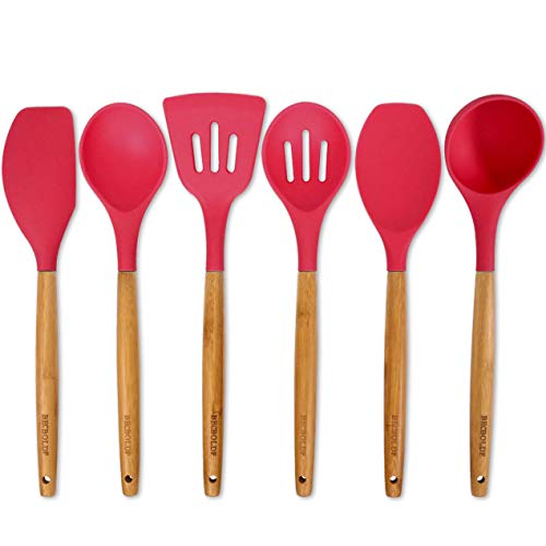Silicone Cooking Utensils Kitchen Utensil set - 6 Piece Bamboo Silicone Kitchen Utensils Set - Silicone Utensil Spatula Set - Silicone Utensils Cooking Utensil Set