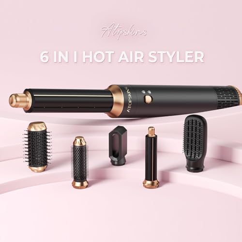 Image of Atopskins 6 in 1 Hair Dryer Brush Hot Air Styler Detachable for Travel, Blow Dryer 3 Heat Settings to Straighten, Auto Curl, Volumize Home Salon Results Frizz-Free Shine All Hair Types (Black1)