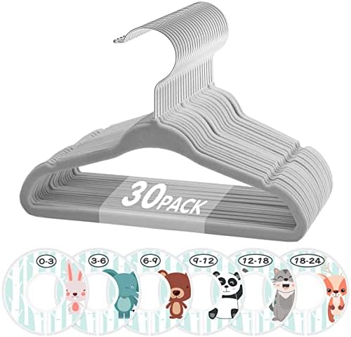 Kids Velvet Hangers, VIS'V 11 Inch Gray Non-Slip Baby Clothes Hangers with 6 Pcs Cute Clothing Dividers for Infant Toddler Boys & Girls Closet Organizer - 30 Pack