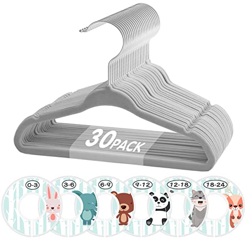 Image of Baby Hangers, VIS'V 11 Inch Gray Velvet Kids Hangers with 6 Pcs Clothes Size Dividers Non Slip Nursery Closet Hangers for Infant Toddler Girls & Boys - 30 Pack