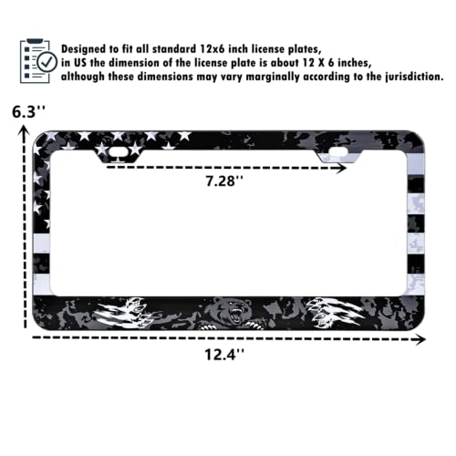 Image of USA Grizzly Grey Bear License Plate Frames 2 Pcs Pack, Patriotic Car Tags, Aluminum License Plate Frame Holder