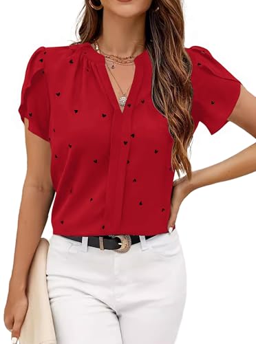 Avanova Women Heart Print Tulip Short Sleeve Shirt Blouse Notched V Neck Work Top
