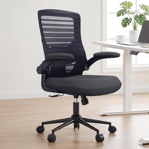 Ergonomic Office Chair for Long Hours & Lower Back Pain Relief – Memory Foam Seat Cushion, Adjustable Padded Lumbar Support, and Padded Flip-up Armrests, Ideal for Office or Study, Black
