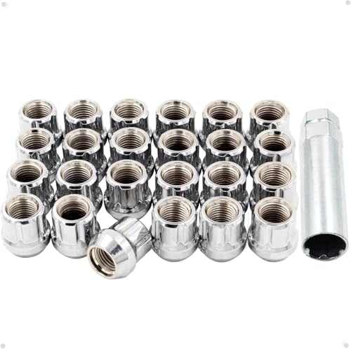 Image of Wheel Accessories Parts 24 Pcs M12x1.25 12x1.25 Thread Open End Bulge Acorn 21mm 0.84 inch Long Lug Nuts Chrome 6 Spline Car Hex Fits Nissan Titan (Non XD) with Aftermarket Wheels