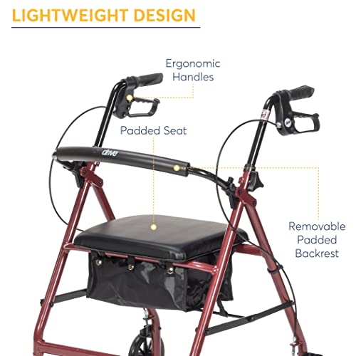 Drive Medical Aluminum Rollator Walker Fold Up And Removable Back Support, Padded Seat, 6" Wheels, Red #TOP2