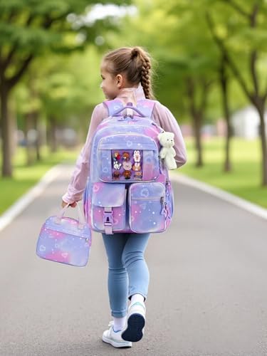 Kids Backpack for Girls Cute School backpack with Lunch Box Kawaii Book Bag Set for Primary Elementary School,Purple2