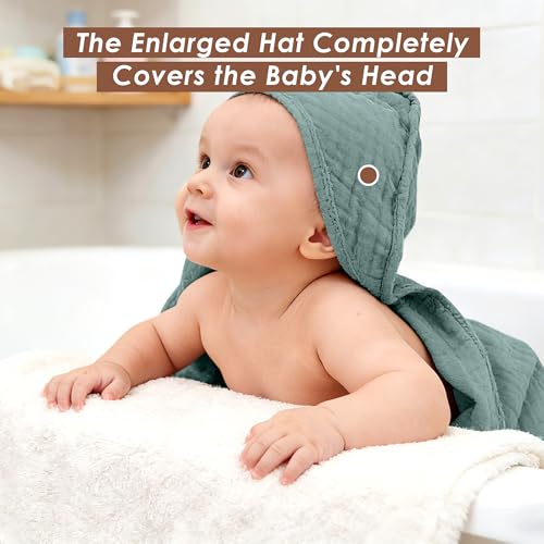 Image of Ease Cubs 3-Pack Muslin Hooded Baby Towels, 100% Cotton, Ultra-Soft & Absorbent Baby Bath Towels with Hood for Babies, Infant, Toddler and Newbron (Emerald Series,32 inch x 32 inch)