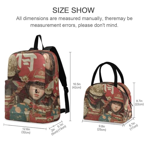 Portrait Of Samurai Print Backpack Set with Lunch Bag, Large Capacity Travel Backpacks and Lunch Box Insulated for Commute Hiking Picnic2