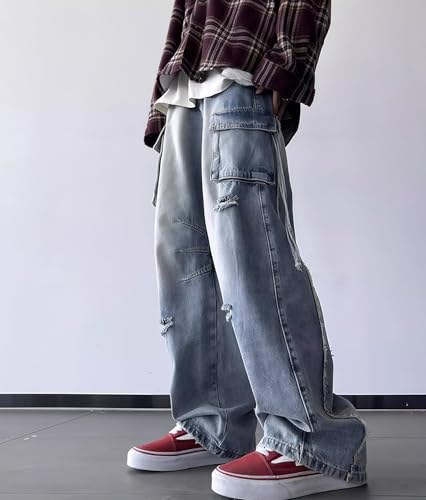 Men's Cargo Jeans Loose Fit Casual Straight Wide Leg Retro Hip Hop Ripped Denim Trousers with Pockets2