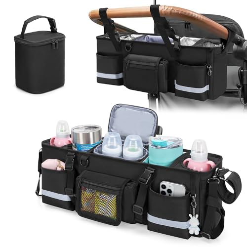 Image of GRAOSO Parent Console Stroller Organizer Compatible with WONDERFOLD W4, with Four Insulated Cup Holders, a Removable Cooler Bag, Special Board Design Make It Not Easy Collapse and Tilting, Black