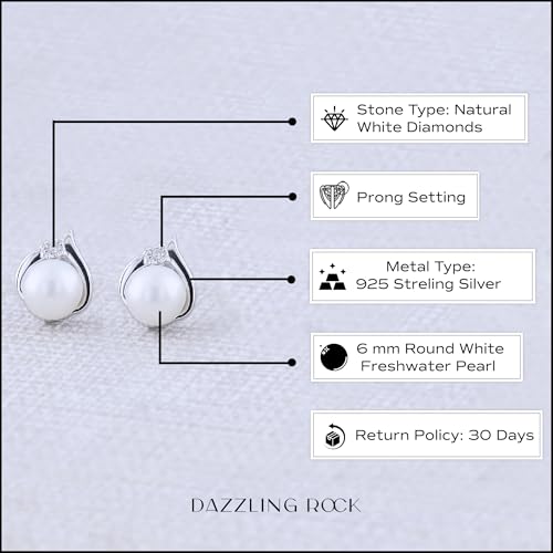 Dazzlingrock Collection 6 mm Round Freshwater Pearl Ladies Stud Earrings with Diamond Accents, Available in Metal 925 Sterling Silver4