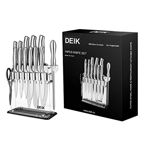 DEIK Knife Set High Carbon Stainless Steel Kitchen Knife Set 14 PCS, Super Sharp Cutlery Knife Set with Acrylic Stand and Serrated Steak Knives