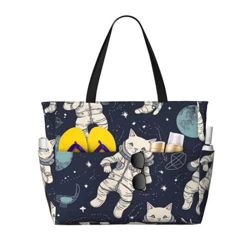 Beach Bags For Women Large Waterproof Sandproof Beach Tote Bag Lightweight Zipper Carry On Bag Fun Cat Astronaut Pool Bag For Gym Travel Vocation