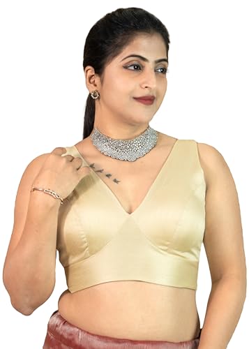 Image of FIGURE'S DESIGNER Women's Dupion Raw Silk Sleeveless V Neck Sabyasachi Cut Readymade Saree Blouse Padded Stitched S4