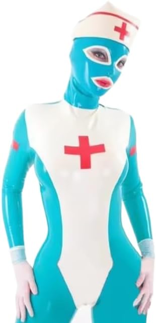 Natural Latex Rubber Nurse Cosplay Catsuit Uniform Bodysuit with Mask Cap Handmade