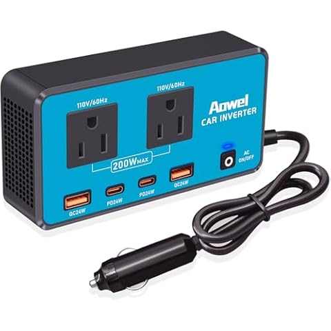 200W Car Power Inverter, Aowel DC 12V to 110V AC Car Travel Adapter Plug Outlet with 4 Port USB-C & USB-A Fast Charger (Each 24W) for Laptop Cover