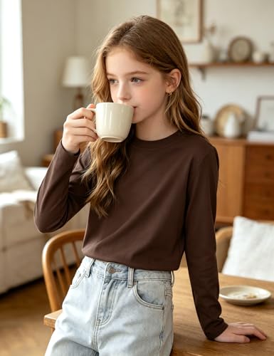 Image of KEREDA Girls Long Sleeve Shirts Soft Cotton T-Shirts Crewneck Basic Tees for Kids and Teen Girls Tops Clothes