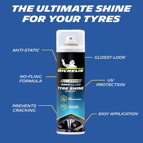Image of Michelin Tyre Shine Polish for Car 400ml | Instant Deep Black Gloss for Tyres & Plastic Parts with UV-Protection | Restores Faded Surfaces & Prevents Premature Ageing | Long-Lasting Non-Greasy Shine