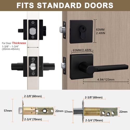 Image of NEWBANG Keyed Deadbolt Lock with Passage Lever Handle for Exterior Entrance in Matte Black, Heavy Duty and Reversible, HD1601-DB-DT-PS-SET-8P