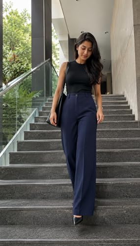 Image of Korean Pants for Woman | High Waist Wide Leg Trouser | Formal Office Casual Wear | Zero See-Through Semi-Stretchable Fabric