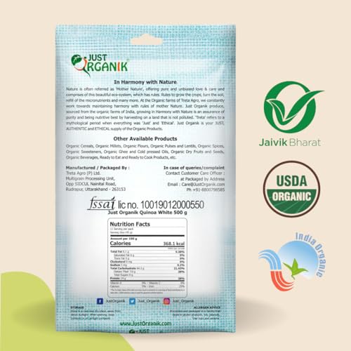 Image of Just Organik White Quinoa 1kg | certified Organic | Superfood Quinoa Rice | Complete Plant Protein with All Essential Amino Acids | Gluten-Free, Fiber and Nutrient-Rich | Supports Heart & Digestive Health