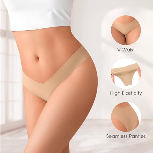 Image of DEANGELMON Women Seamless Bikini Cheeky Underwear Invisible No Show Panties V-Waist Hipster Ladies Soft Stretch Multi Pack
