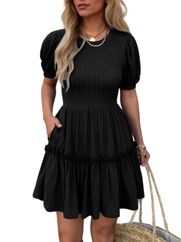 Mieazom Women’s Puff Sleeve Ruffle Dress, Ribbed...