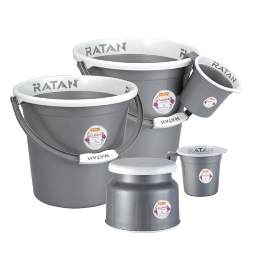 Image of RATAN PLASTICWARE Plastic Bathroom Set of 5 Pieces Combo Pack Gloria Plain,18 Liters 2 Pieces Bucket + Nova Stool Patla 107 + Two Gloria Plain Bath Mug 1 Liter- NIR Silver