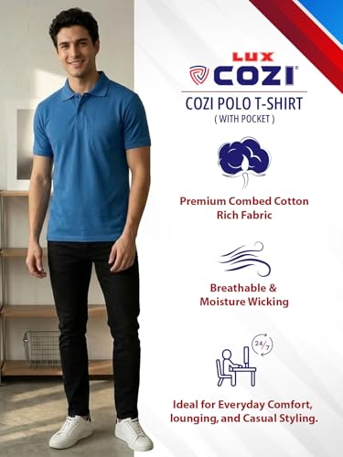 Image of Lux Cozi Men's Polo T-Shirt Regular Fit Half Sleeves with Pocket | Cotton Blend Polo Neck Collar T-Shirt for Men | Casual, Office Comfortable Breathable T-Shirt | Stylish Plain Tee
