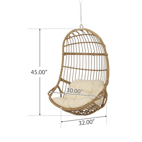 Image of Christopher Knight Home Mariah Wicker Hanging Chair with Cushion, Outdoor Indoor Basket Chair, Boho Garden Lounger Porch Swing Furniture, Modern Patio Decor, Light Brown and Beige