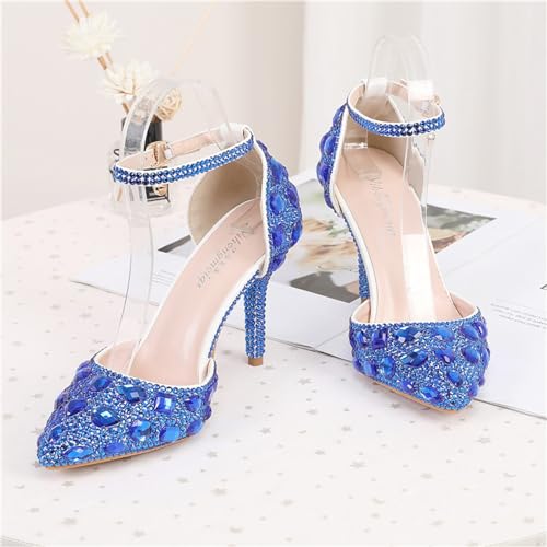Women's Pointed Toe Rhinestone Stiletto Heel Sexy Sparkly Crystal Satin Ankle Strap Heeled Sandals Wedding Bridal Party Dress Shoes4