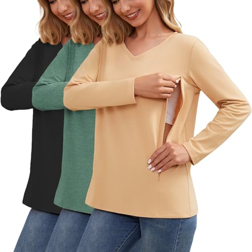 Ecavus Women's 3 Packs Nursing Tops Long Sleeve Hidden Zipper Breastfeeding Shirts V Neck Maternity Clothes