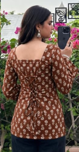 Image of Women's Rayon Printed Short Kurti | Straight Fit Casual Ethnic Top | Square Neck Full Sleeve Ladies Kurti Office College