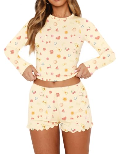 Image of REVETRO Fall Womens 2 Piece Pajama Sets Sexy PJ Shorts Y2k V Neck Long Sleeve Lounge Set Sleepwear with Button Down